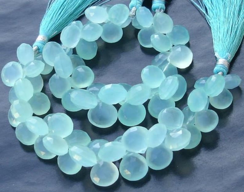 Blue Chalcedony Faceted HEART Briolettes,11-12mm Long size,GORGEOUS. Peru Aqua 12 Strand