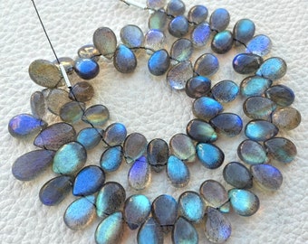 9-7mm, SUPERB Blue Flashy Labradorite,Smooth Pear Shape Briolettes,Great Item,6 Inch Long Strand,VERY RARE Quality.