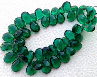 Full 8 Inch Long Strand, EMERALD GREEN Quartz Faceted Pear Shape Briolettes, 9-10mm size,Superb Item at Low Price