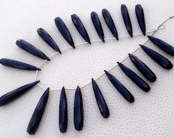 Full 7 Inch Long Strand, 35mm Long, RARE BLACK Chalcedony Elongated Faceted Drops Shape Briolettes,Superb-Finest Quality