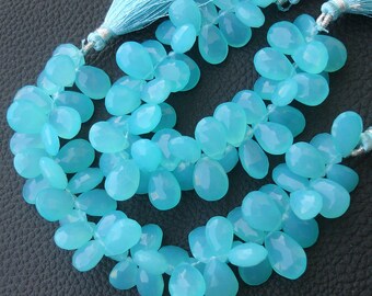 Brand New, Full 6 Inch Strand, 11-12mm Long, SWISS BLUE Chalcedony Faceted Pear Shape Briolettes,Superb-Finest Quality