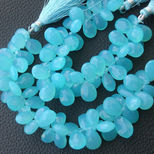 6 Inch Long Strand, 13-14mm Long, SWISS BLUE Chalcedony Faceted Pear Shape Briolettes,Superb-Finest Quality