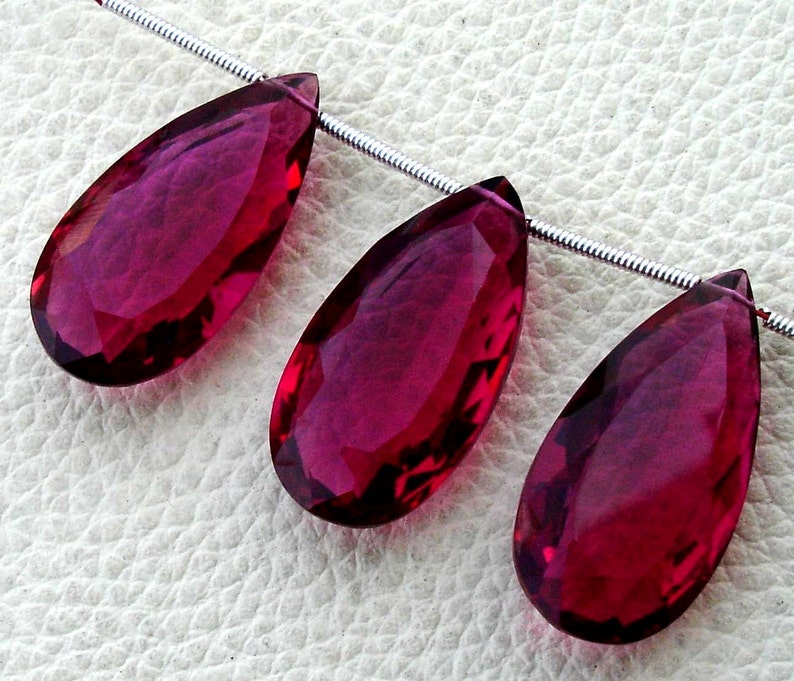 RUBY RED Quartz Faceted Elongated Pear Shape Briolettes,25mm Long Size,Superb Item 3 Pieces Set