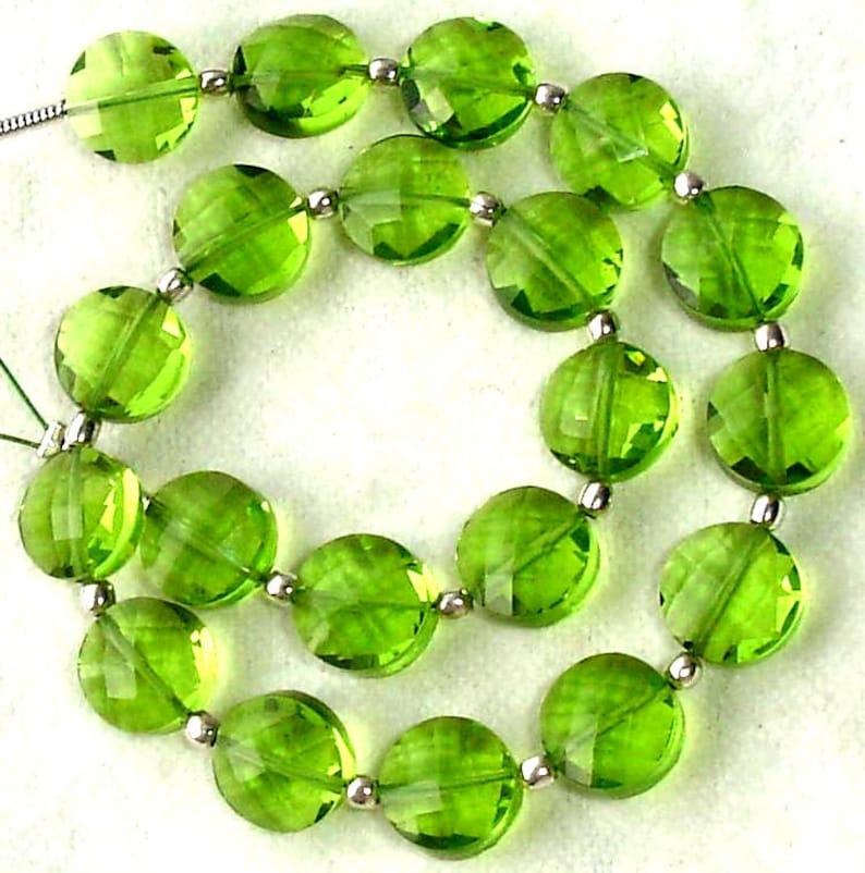 PARROT GREEN QUARTZ Faceted Flat Coin Shape Briolettes,8mm Size,Great Price Amazing Item New Arrival,8 Inch Long Strand
