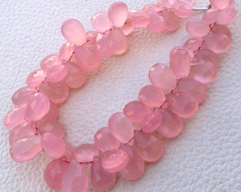 Brand New, Full 7 Inch Long Strand, 7x10mm Pear, ROSE PINK Chalcedony Faceted Pear Shape Briolettes,Superb-Finest Quality