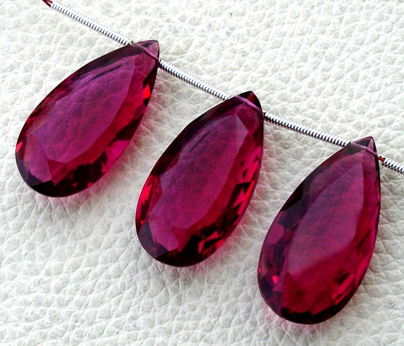 RUBY RED Quartz Faceted Elongated Pear Shape Briolettes,25mm Long Size,Superb Item 3 Pieces Set