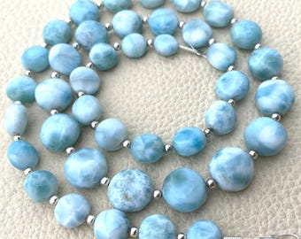 10-7mm, Natural Larimar Smooth Coin Shape Briolettes,11 Pieces in a Strand,Finest Quality,Amazing Item at Low Price.