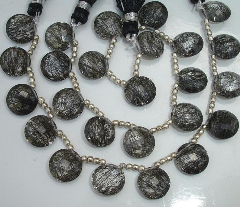 8 Inch Strand,Very-FINEST,Superb BLACK RUTILATED Quartz,11mm Faceted Coin shape Briolettes,