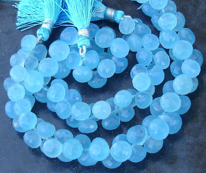 12 Strand 7-9mm Long size,GORGEOUS. NEW Colour SWISS Blue Chalcedony Micro Faceted Onions Briolettes