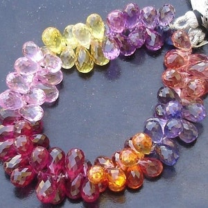 AAA, 25 Pcs of Extremely Beautiful Multi Color Corundum Micro Faceted Tear Drop Briolette 9mm LONG, Prettier than Multi Sapphire,.