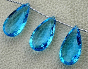 3 Pieces Set, SWISS BLUE Quartz Faceted Elongated Pear Shape Briolettes,25mm Long Size,Superb Item