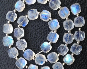 Brand New, Full 6 Inch Strand,Extremely Blue FLASHY RAINBOW Moonstone Faceted Full Drill Cushion Shape, 8x8mm,AMAZING