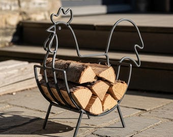 Chicken Firewood Holder: Wrought Iron Rustic Farmhouse Log Rack