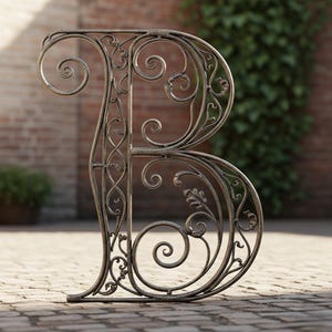 May include: Ornate metal letter "B" with a bronze finish. The decorative script features swirling designs and leaf accents. The letter stands on a brick patio with a blurred background of brick and greenery.