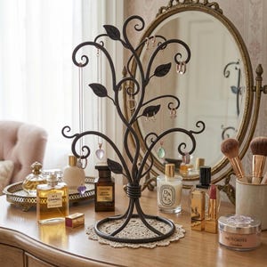 Wrought Iron Jewelry Organizer Tree | Rustic Leaf Scroll Necklace Holder, Earring Display Rack