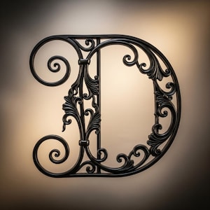 May include: Black wrought iron letter "D" with ornate scrollwork and leaf designs. The decorative metalwork features a stylized font with a vertical bar and swirling accents. The letter is set against a warm, neutral background.