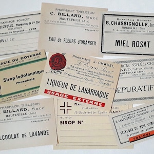 108 étiquettes de pharmacie vintage - étiquettes de flacons de médicaments pour pharmacies, 9 étiquettes différentes, 12 de chaque, éphémères français d'apothicaire