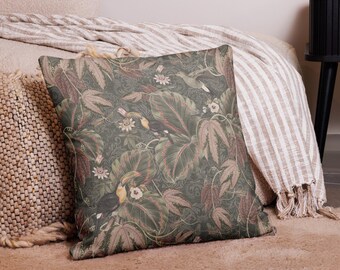 Vintage Tropical Toucan Birds throw pillow | Botanical Foliage Decor