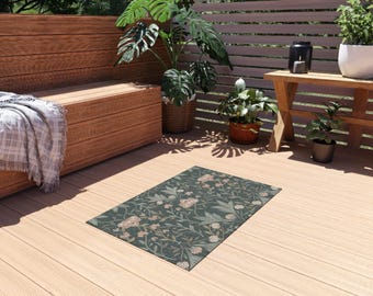 Vintage Floral Pattern Outdoor Rug | Botanical Patio Mat