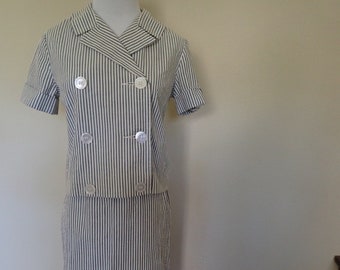 50s 60s Vintage Gray Stripe Seersucker Suit Double Breasted Top & Skirt Set S Small