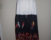 VTG 80s Black White Gauze Skirt Gold Metallic Painted Dots Batik Bird Glass Mirror Real Sea Shells XS S M L