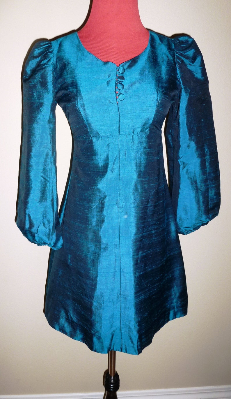Vintage 60s 70s Teal Silk Dress Empire Long Sleeve Metal Zip Back boho XXS 2XS