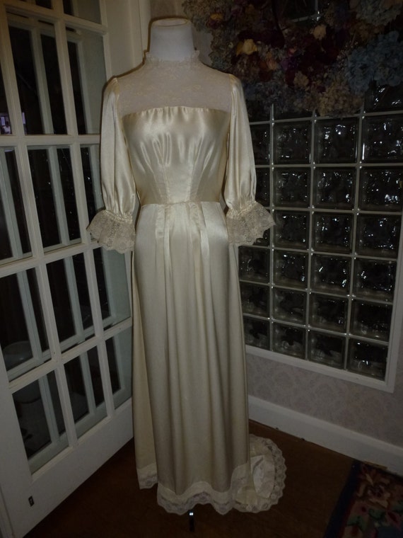 Vintage Art Nouveau Wedding Dress Ivory Satin Silk Lace Neck Etsy