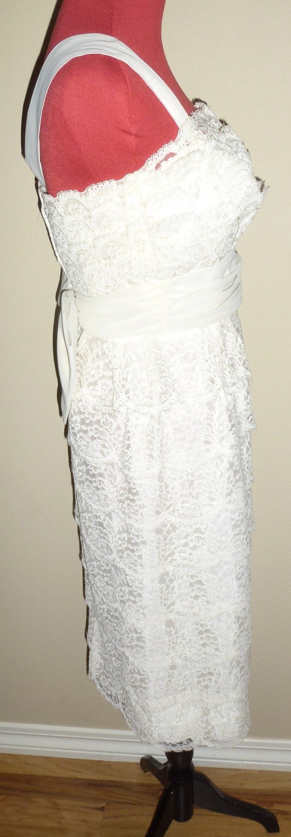 Vintage 50s White Tiered Lace Dress Cummerbund Waist Cross Straps S Small SM