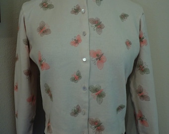 50&#39;s 60&#39;s Vintage Cream Wool Embroidered Butterfly Crop Cardigan Sweater M med L Lg 40 Bust