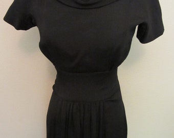 Vintage 50s 1950s Black Cocktail Dress Draped Collar Shelf Bust Front Skirt Panel Short Sleeve Bombshell S Small