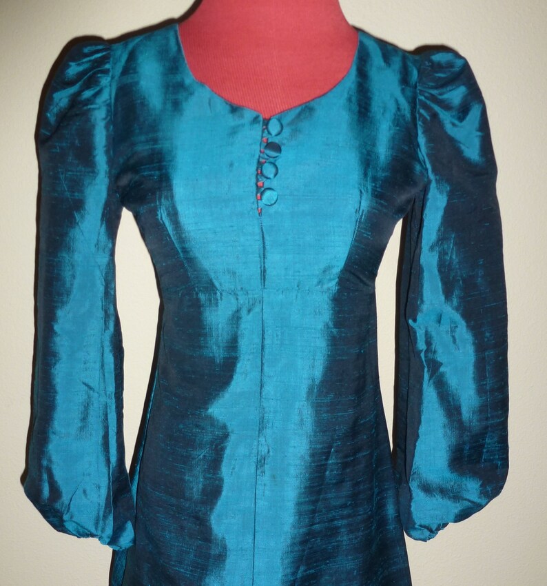 Vintage 60s 70s Teal Silk Dress Empire Long Sleeve Metal Zip Back boho XXS 2XS
