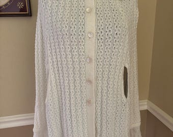 1960s 70s Americana Ivory Acrylic Cable Knit Poncho Shawl Collar Fringe Shell Button Front Cape One size