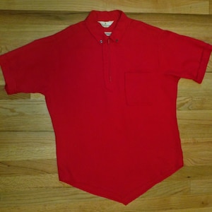 50s 1950s 60s 1960s Vintage Lancer Continental Red Twill Shirt Zip Neck Buttoned Collar Pointed Tapered Hem Rockabilly M Medium
