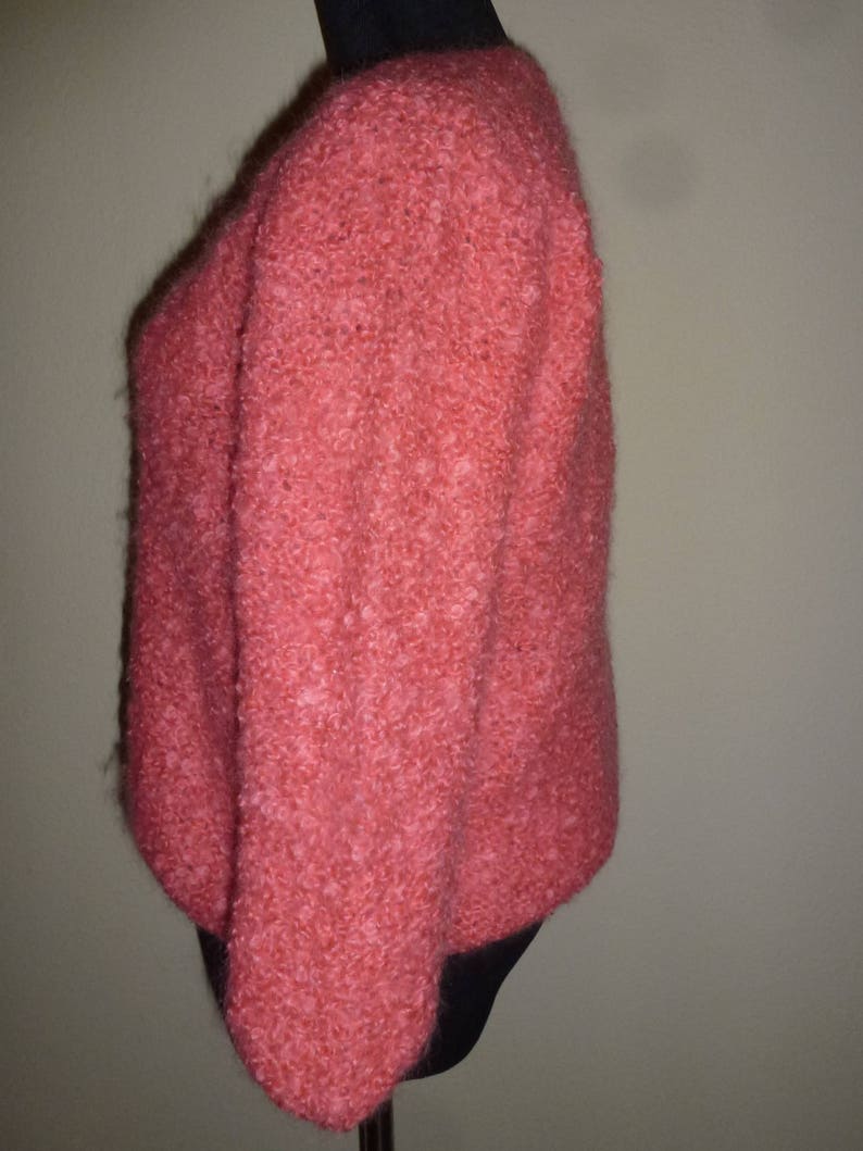 Vintage 60s 1960s 70s 1970s Coral Pink Sweater Italian Curly Mohair Pull Over V Neck Bracelet Sleeves M Medium Med Large L Lg