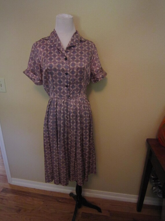 Vintage 50s 60s Shirtwaist Dress Blue Brown Floral
