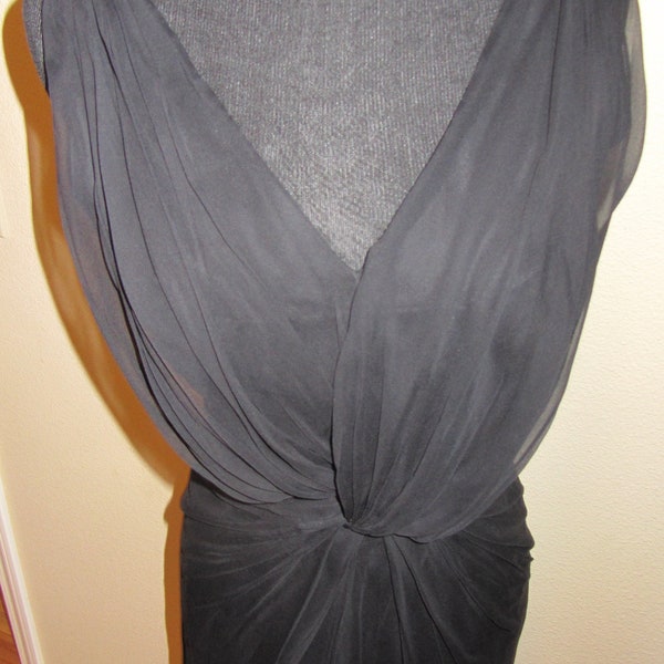 Vintage 60s Cocktail Dress Ruched Draped Black Chiffon Hourglass Sleeveless Wiggle Bombshell S Small