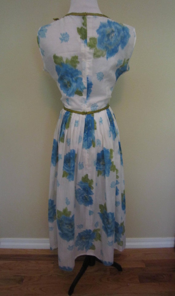 Vintage 50s 1950s L’Aiglon Dress Blue Olive Flora… - image 6