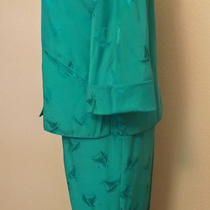 50s 60s Vintage Chinese Silk Turquoise Sailboat Top & Pants Set Side Metal Zipper M Medium