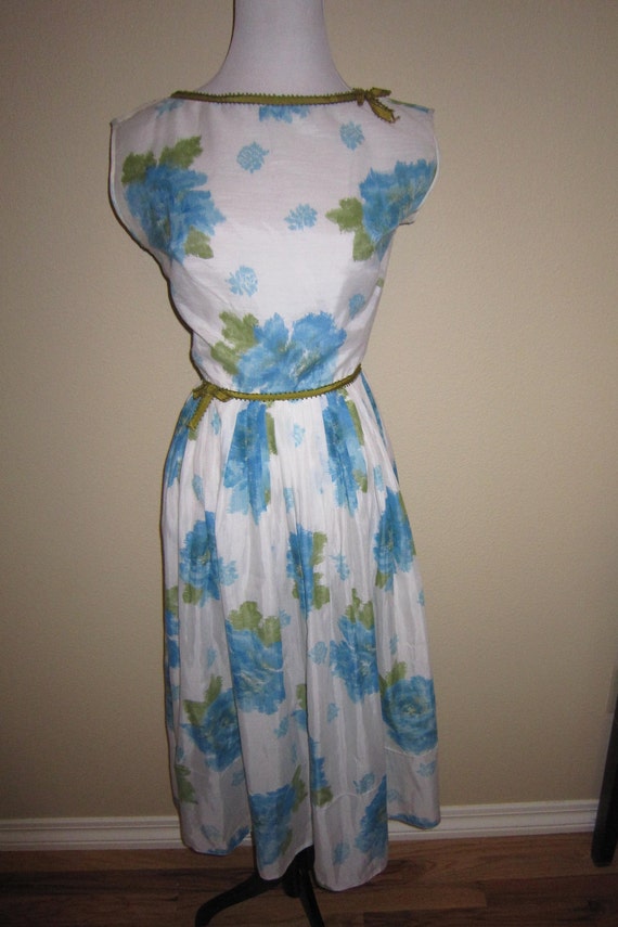 Vintage 50s 1950s L’Aiglon Dress Blue Olive Flora… - image 1