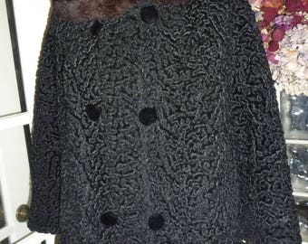 Vintage 50s 60s Black Wool Faux Persian Lamb Coat Real Rabbit Collar Double Breasted M Medium MD