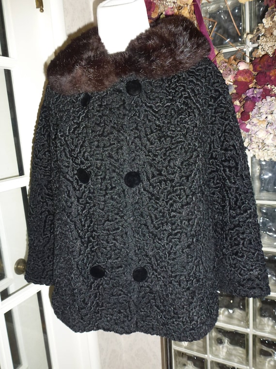 Vintage 50s 60s Black Wool Faux Persian Lamb Coat… - image 1