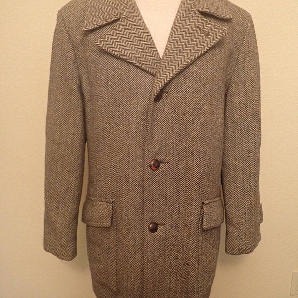 70s 1970s Vintage CasualCraft Pea Coat Brown Herringbone Coat Shawl Collar Big Pockets Faux Fur Lining 44