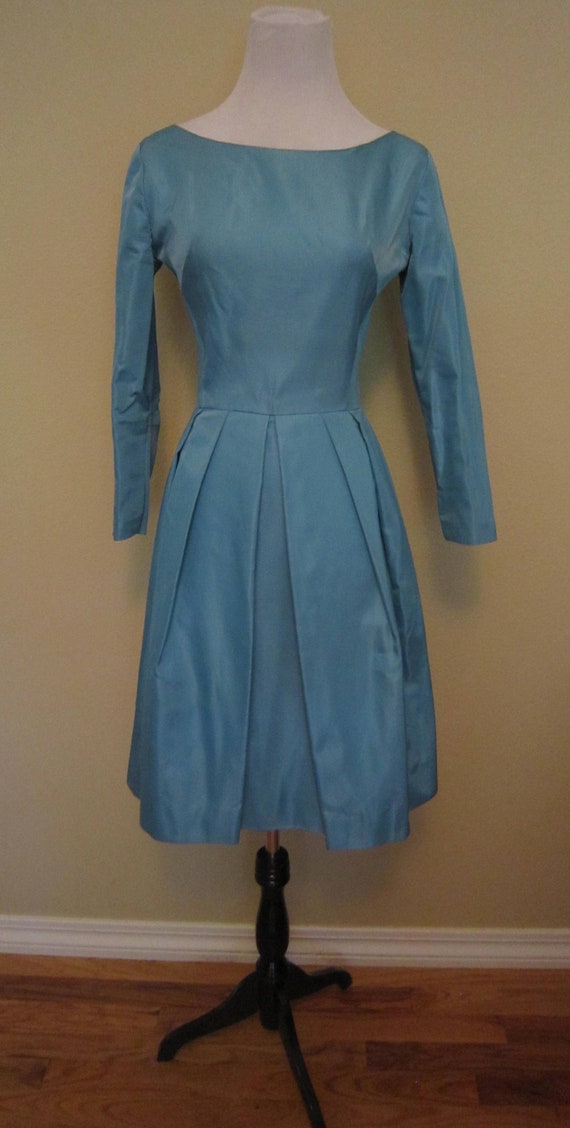 Vintage 50s  60s Blue Cocktail Dress Satin Taffet… - image 1