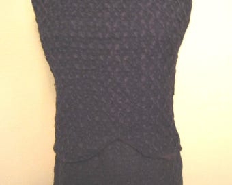 Vintage 60s Knit Skirt Suit: Sleeveless Top, Woven Ribbon Detail, Medium