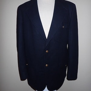 60s 1960s Vintage Vaughan Navy Wool Sport Jacket Crest Button Pointed Flap Pockets Back Belt Red Lining Blazer 42 XL