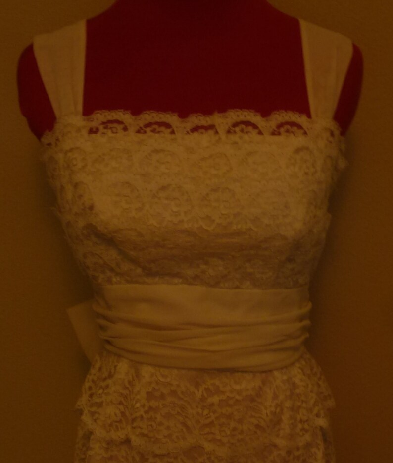 Vintage 50s White Tiered Lace Dress Cummerbund Waist Cross Straps S Small SM