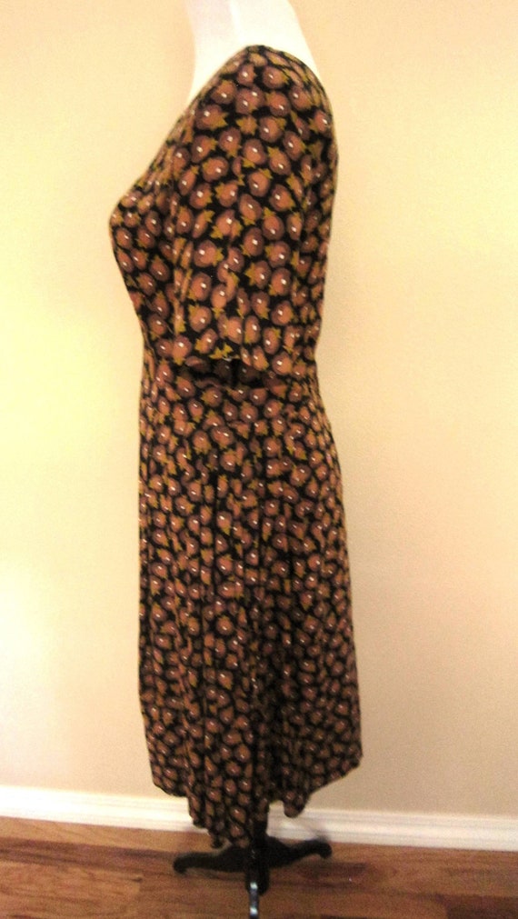 Vintage 50s 60s Pleated Dress Brown Floral Cotton… - image 3