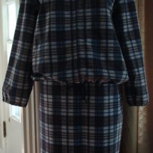 Vintage VTG 60s 1960s Navy Plaid Cotton Skirt Suit Zip Jacket & Pencil Skirt Sporty Kelta Suit Set M Medium