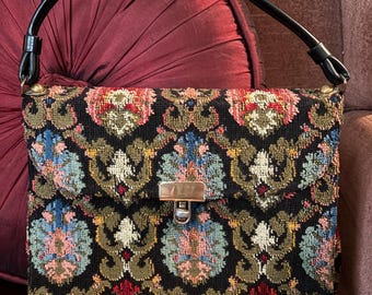 Jaren 50 60s Chennile Bloemen Veelkleurige Handtas Tapijttas Portemonnee