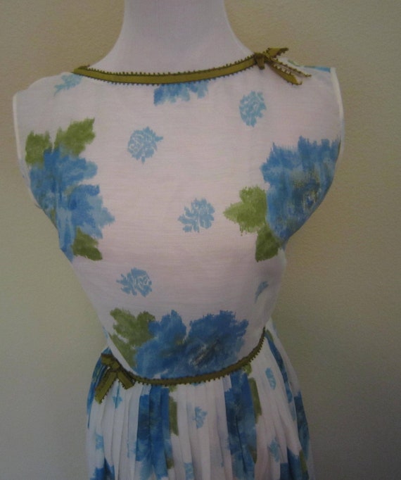 Vintage 50s 1950s L’Aiglon Dress Blue Olive Flora… - image 3